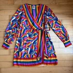 Farm Rio Tucanes Wrap Mini Dress Rainbow Striped Multicolor Long Sleeves Size: M